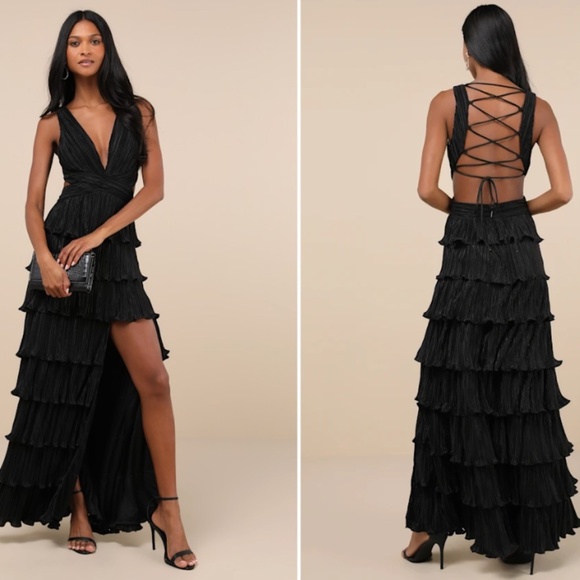 LULU's Prom Wedding Bridesmaid Pleated Tiered Ruffles Boho Black Satin Maxi Dres - Picture 4 of 5